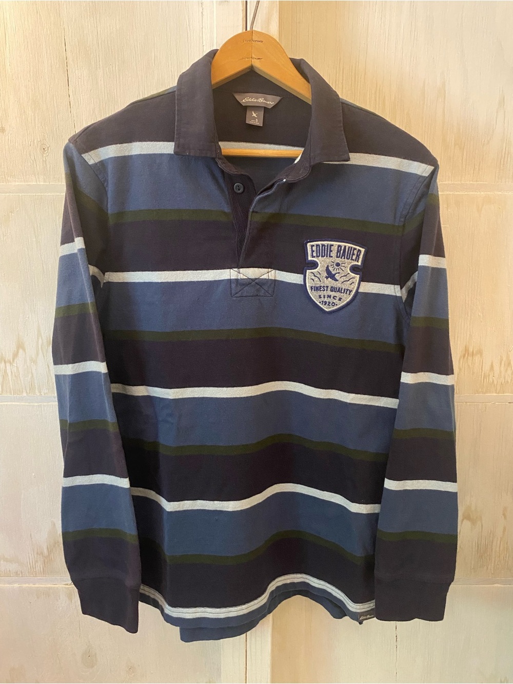 Eddie Bauer Navy and Blue Striped Rugby Polo Small Preppy